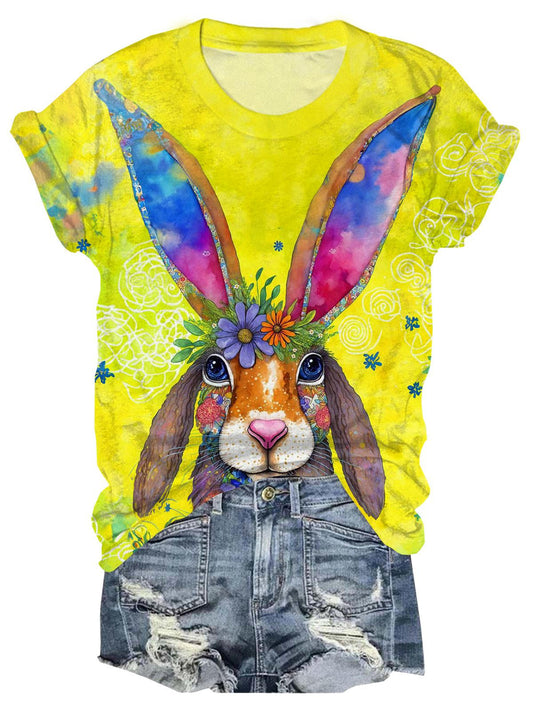 Floral Long Ear Bunny Crew Neck T-shirt