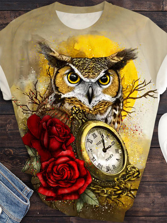 Owl Flower Clock Crew Neck T-shirt