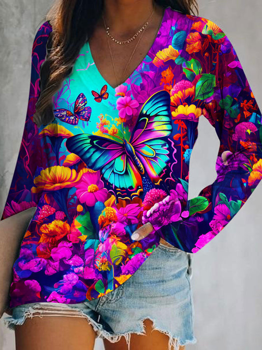 Colorful Butterfly Print V-Neck Long Sleeve Top