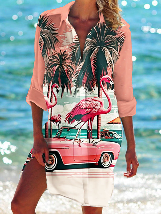 Flamingo Car Print Long Sleeve Beach Shirt Dress