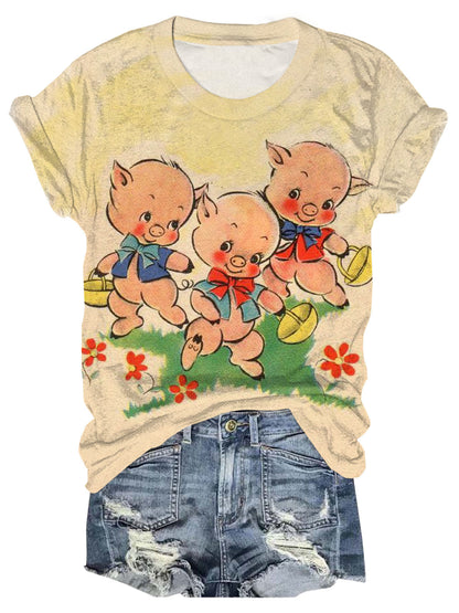 Three Little Pigs Retro Print Crew Neck T-Shirt