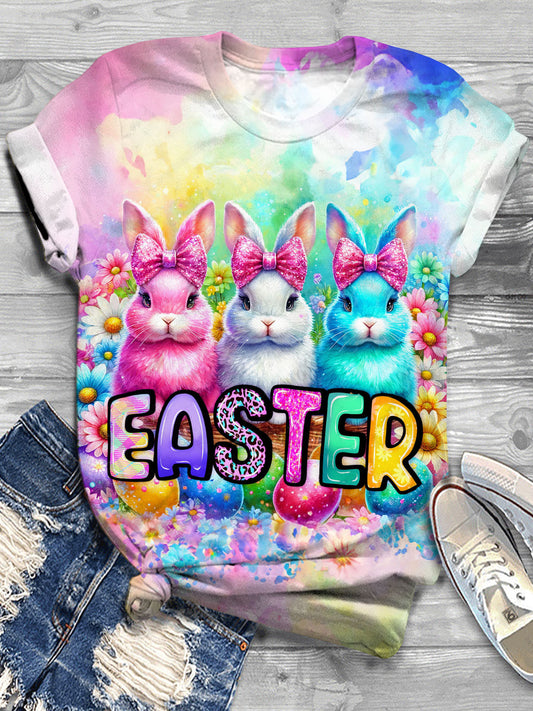 Hoppy Easter Bunny Print Short Sleeve Crew Neck T-Shirt