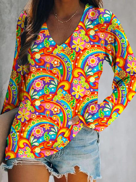 Colorful Hippie Print Casual Top