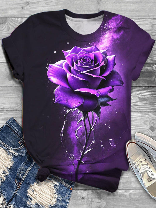 Women's Purple Rose Print Short Sleeve Top