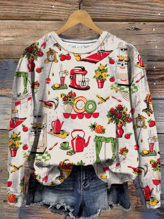 Vintage Kitchen Print Round Neck Long Sleeve To