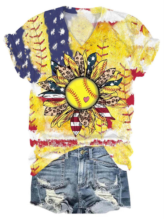 Sunflower Softball Flag Print V-Neck T-Shirt