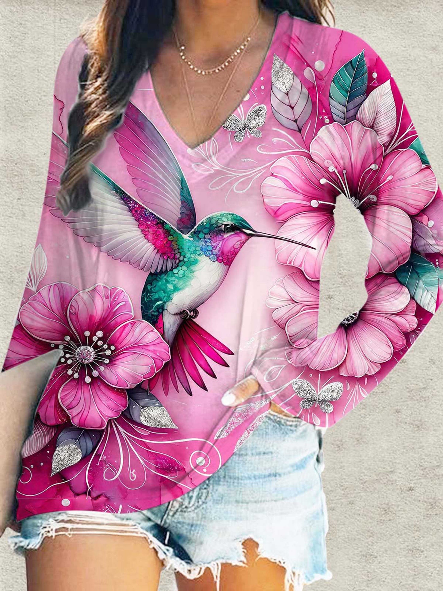 Pink Hummingbird Print V-Neck Long Sleeve Top