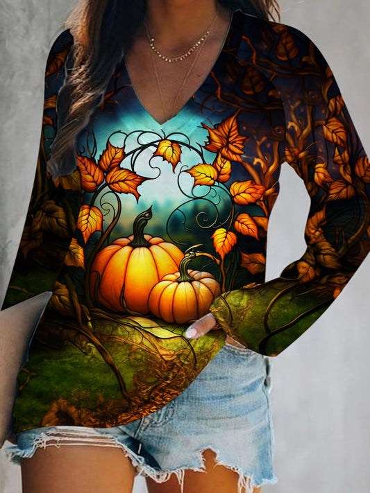 Women's Pumpkin Print V-Neck Long Sleeve Top
