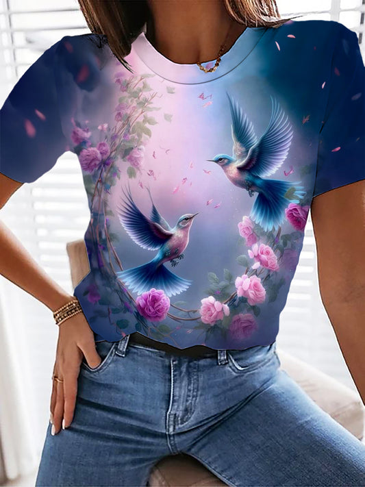 Pink Flower Wreath Birds Crew Neck T-shirt