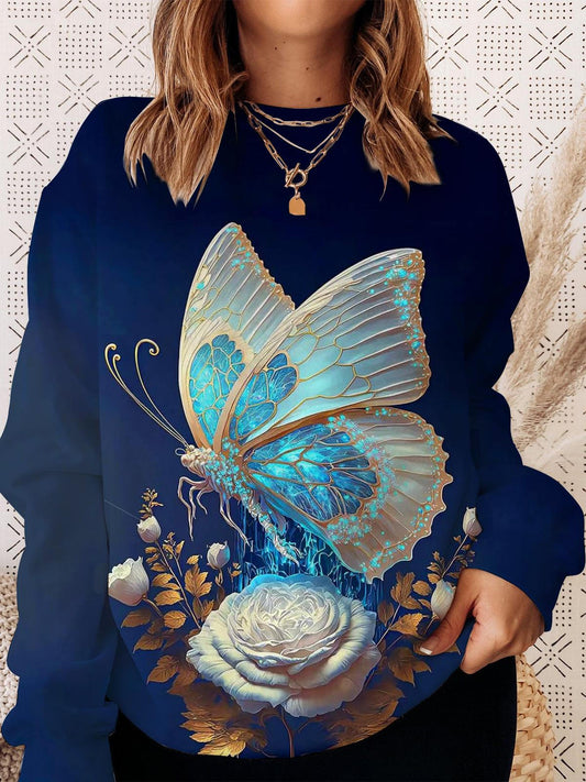 Women's Butterfly Floral Print Round Neck Long Sleeve Top