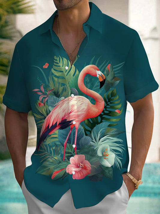 Hawaiian Flamingo Floral Short Sleeve Men's Shirts With Pocket