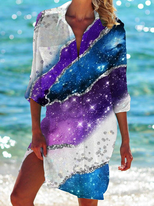 Abstract Long Sleeve Beach Shirt Dress