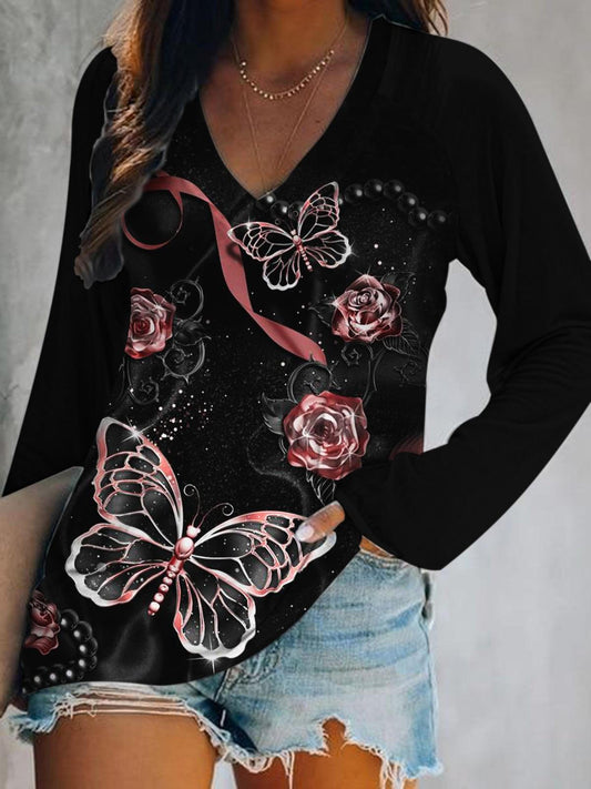 Women's Butterfly Print V-Neck Long Sleeve Top