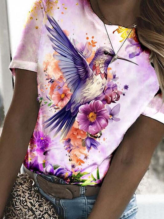 Purple Floral Hummingbird Print Casual Top