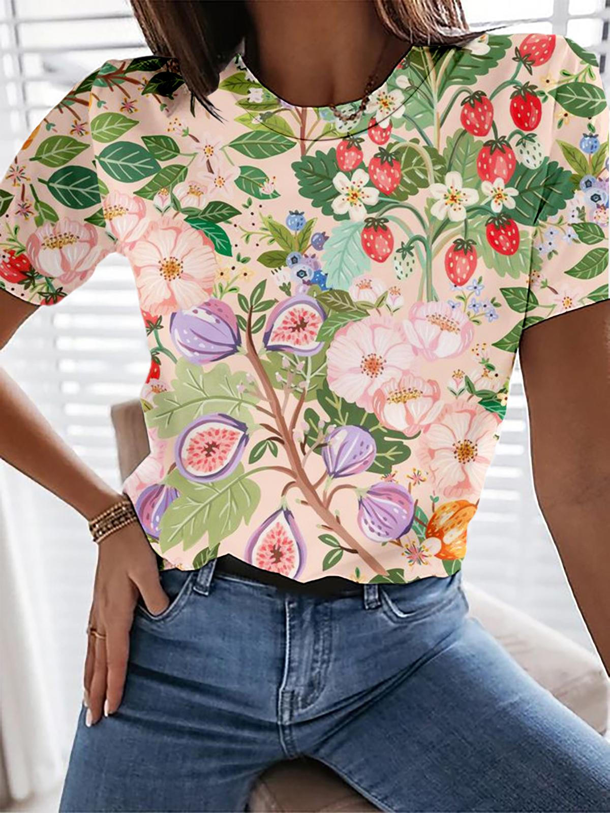 Summer Fruit Print Crew Neck T-shirt