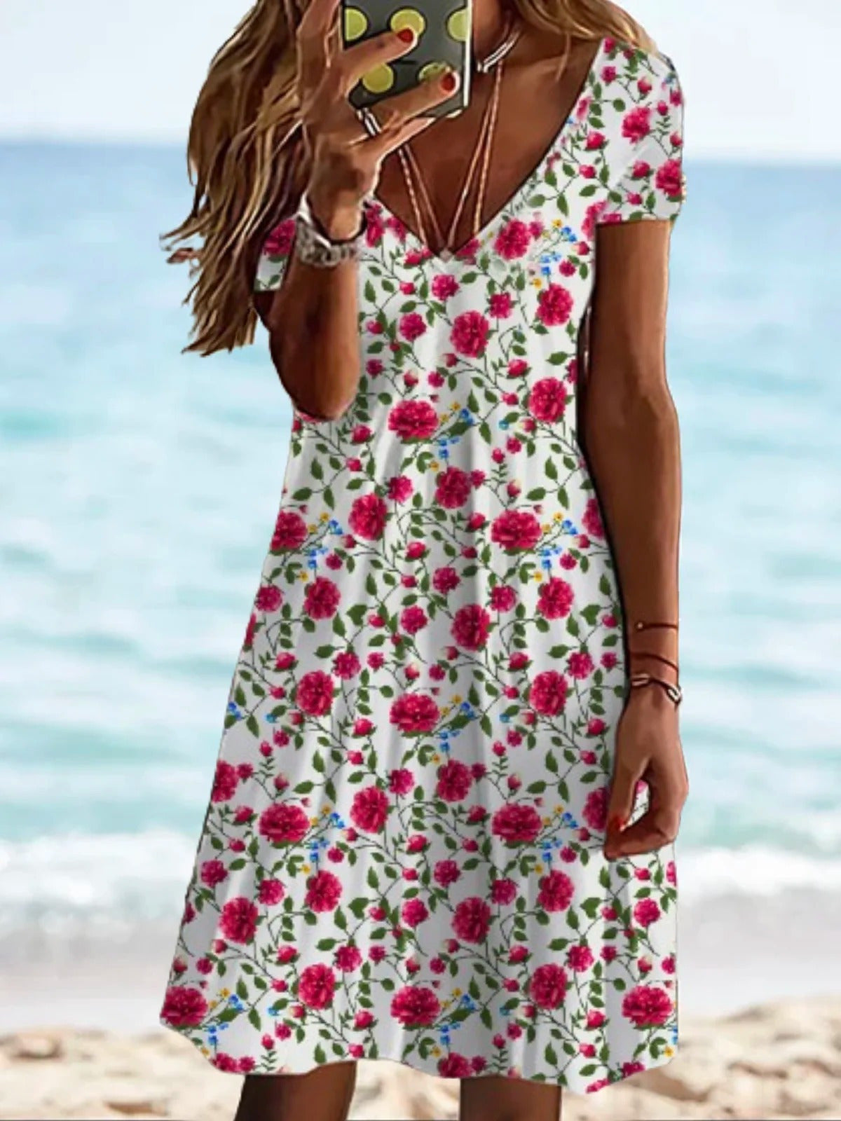 Floral V Neck Short Sleeve Dress