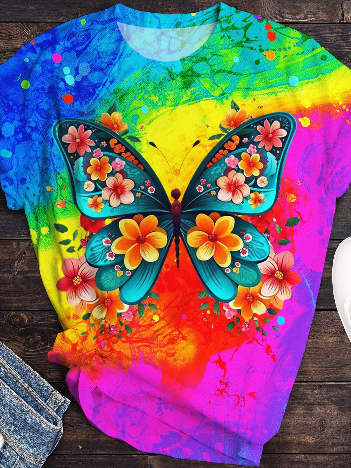 Colorful Butterfly Print Short Sleeve Top