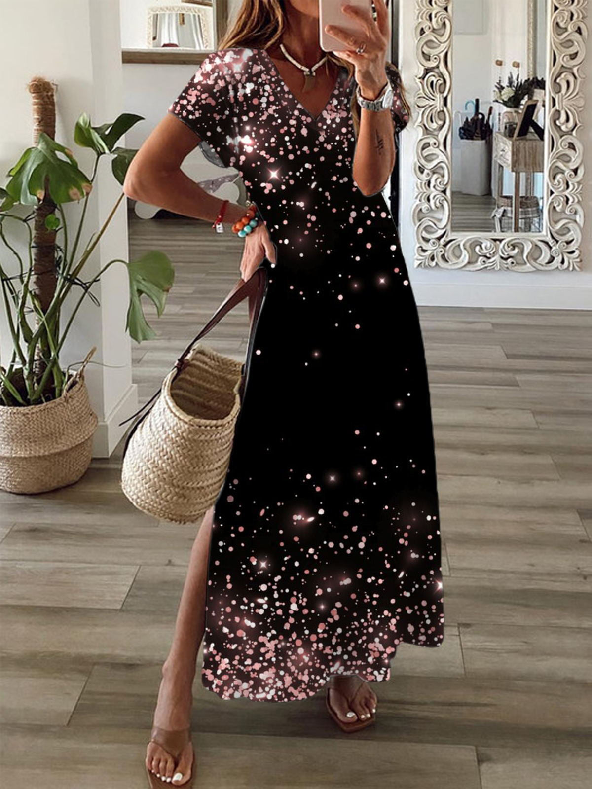 Geometric Gradient Print Short Sleeve V Neck Maxi Dress