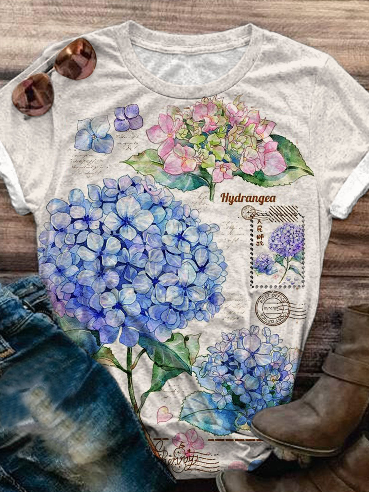 Women's Hydrangea Print Short Sleeve Top