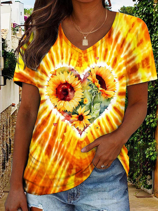 Women's Tie Dye Sunflower Print V Neck Top