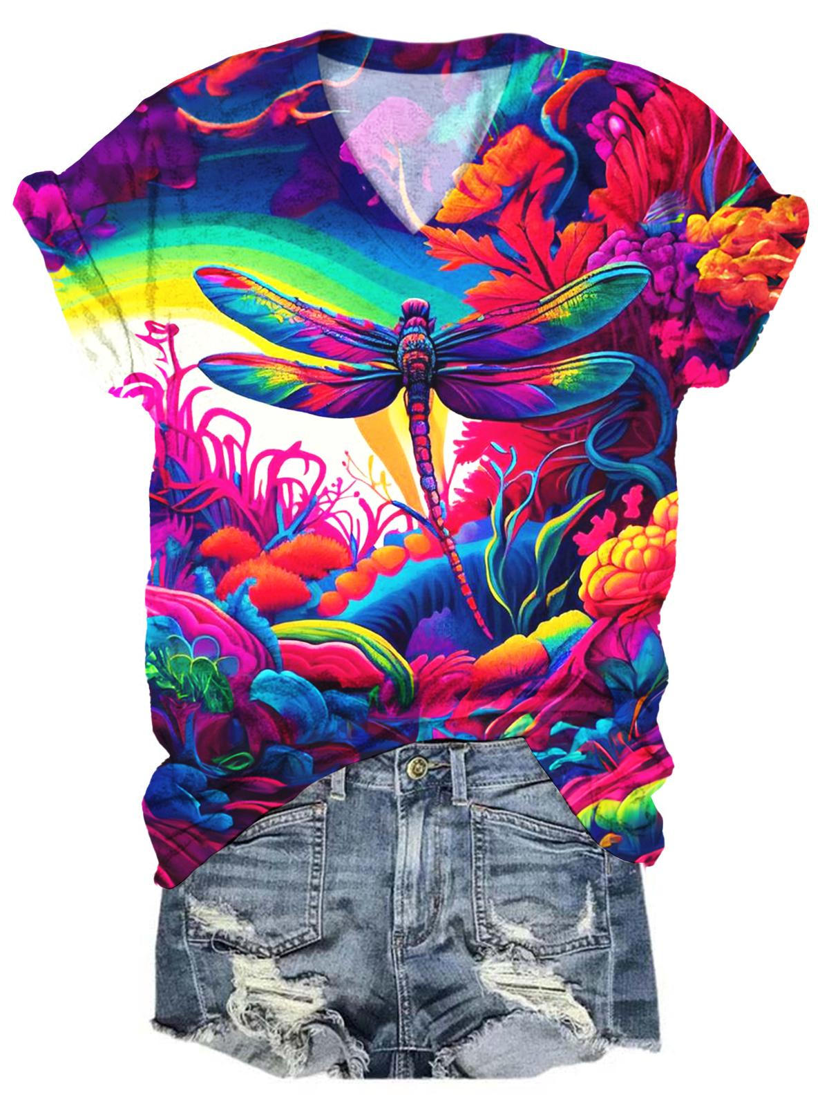 Colorful Dragonfly Print Casual Short Sleeve Top