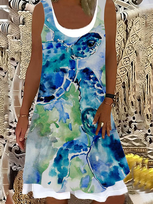Sea Turtles Turquoise BLue Design Ladies Splicing Dress