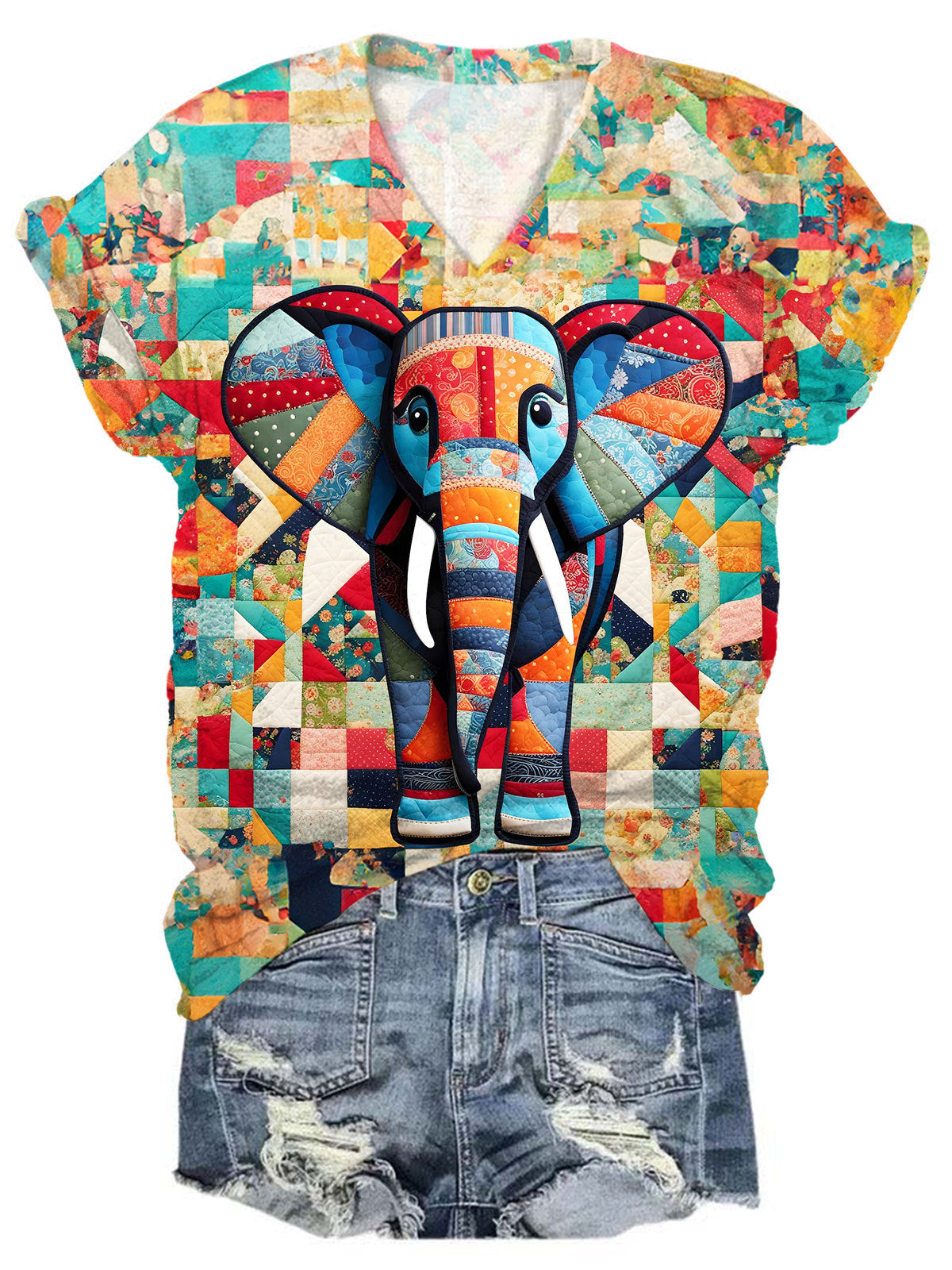 Women's Color Block Elephant Print V-Neck Top