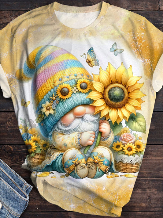 Sunflower Gnome Print Crew Neck T-Shirt