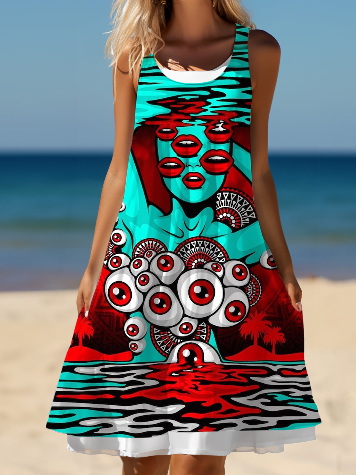 Abstract Eye Ladies False Two Dress