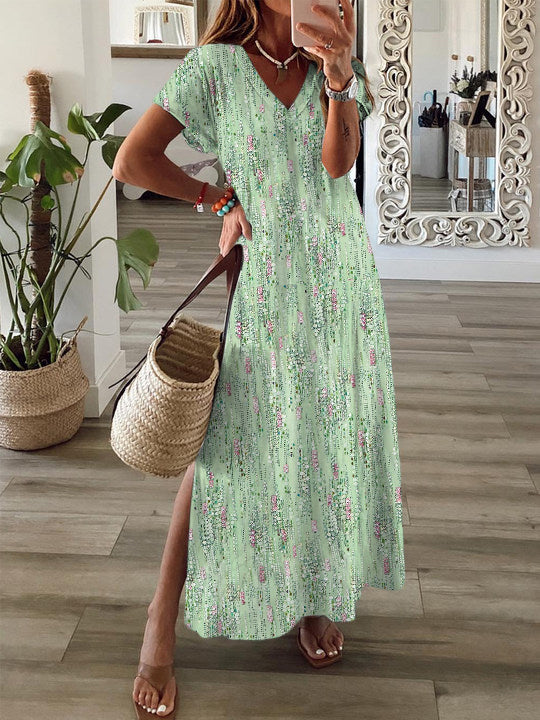 Plant Simple Short Sleeve V Neck Maxi Dress