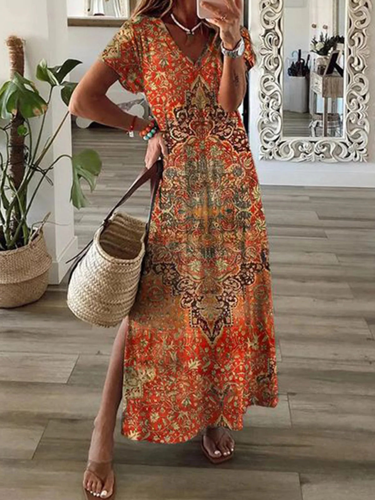 Vintage Pattern Short Sleeve V Neck Maxi Dress