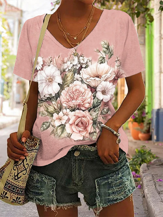 Women's Spring Pink Floral Print V-Neck Top