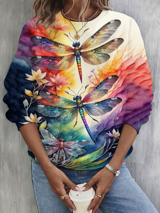 Dragonfly Print Long Sleeve Casual Top