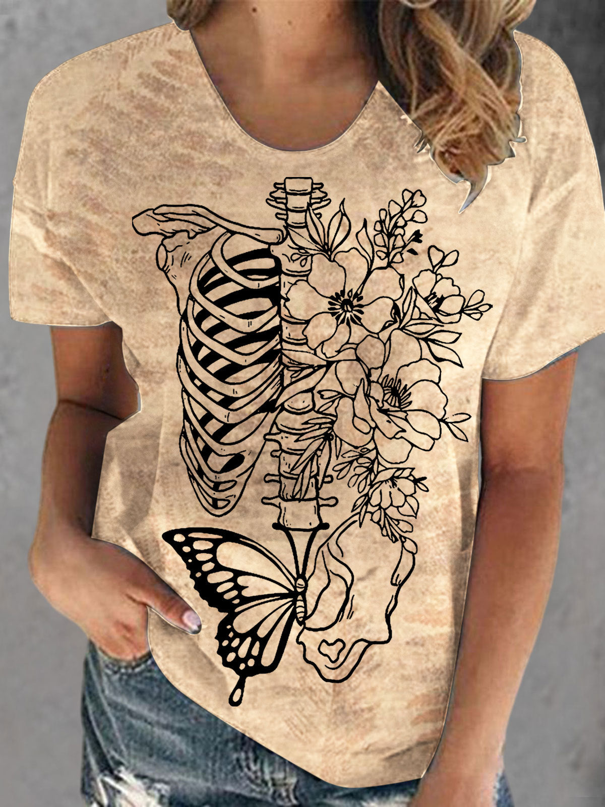 Skeleton and Flowers Print Crew Neck T-shirt