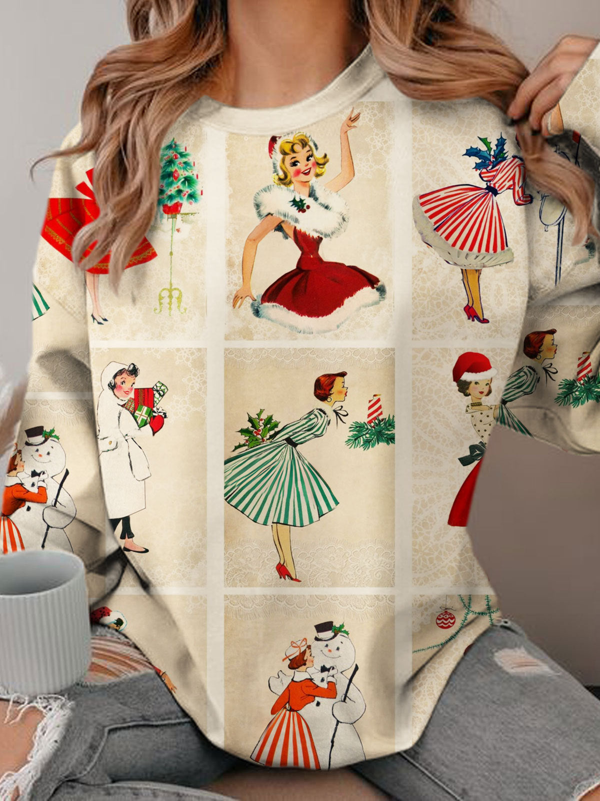 Women's Retro Christmas Print Round Neck Long Sleeve Top