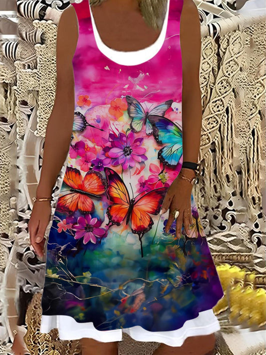 Purple Floral Butterflies Ladies Splicing Dress