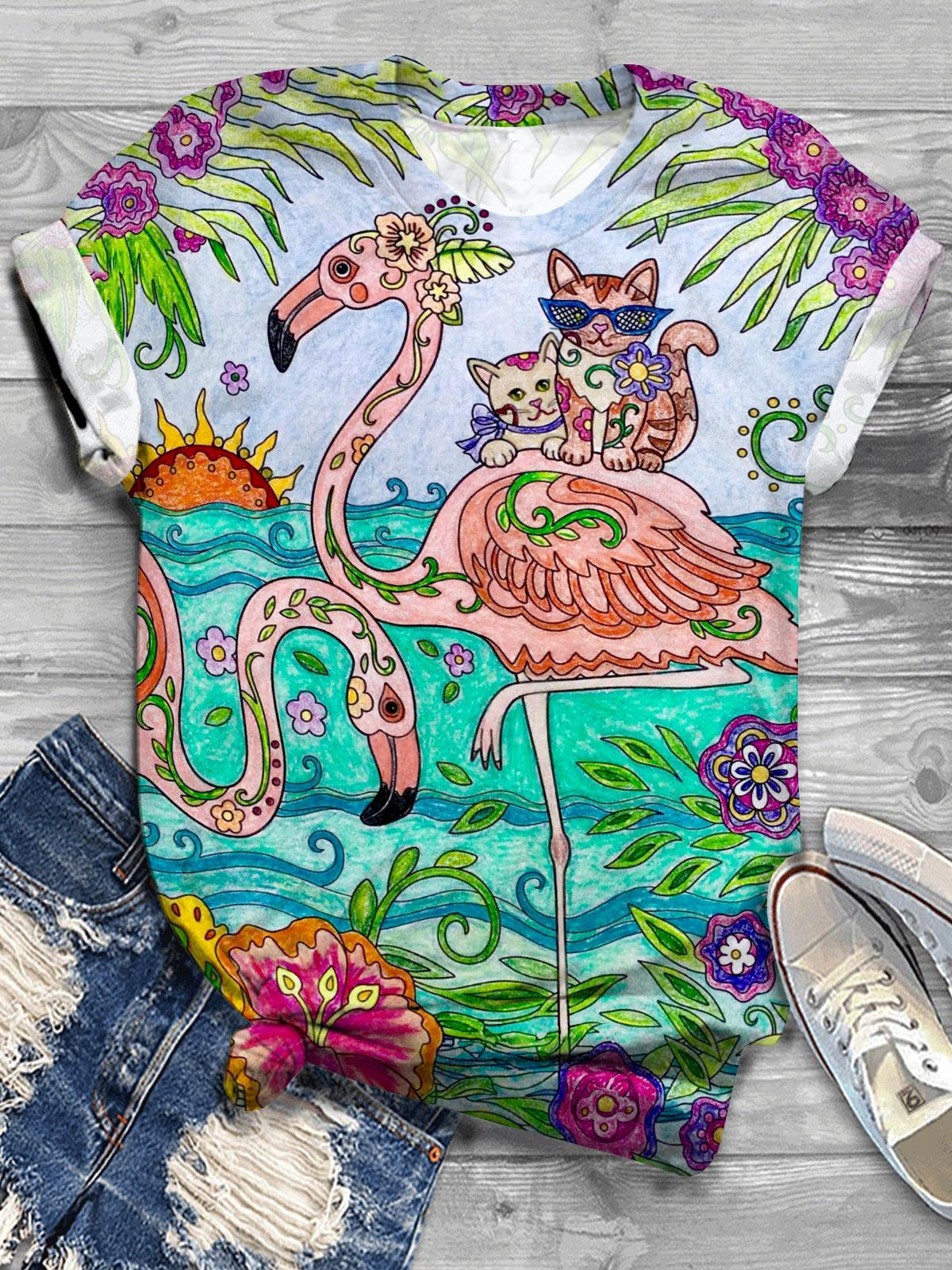 Summer Flamingo and Cat Print Crew Neck T-shirt