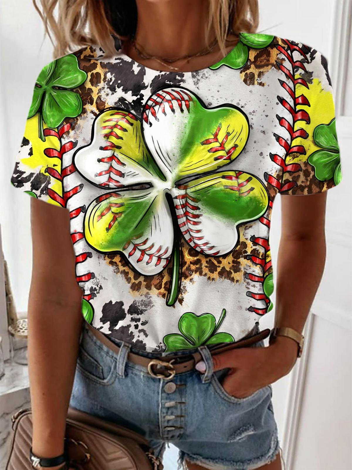 Baseball Lucky Clover Crew Neck T-shirt