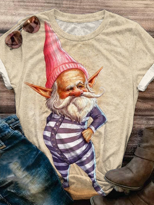 Funny Gnome Print Crew Neck T-shirt