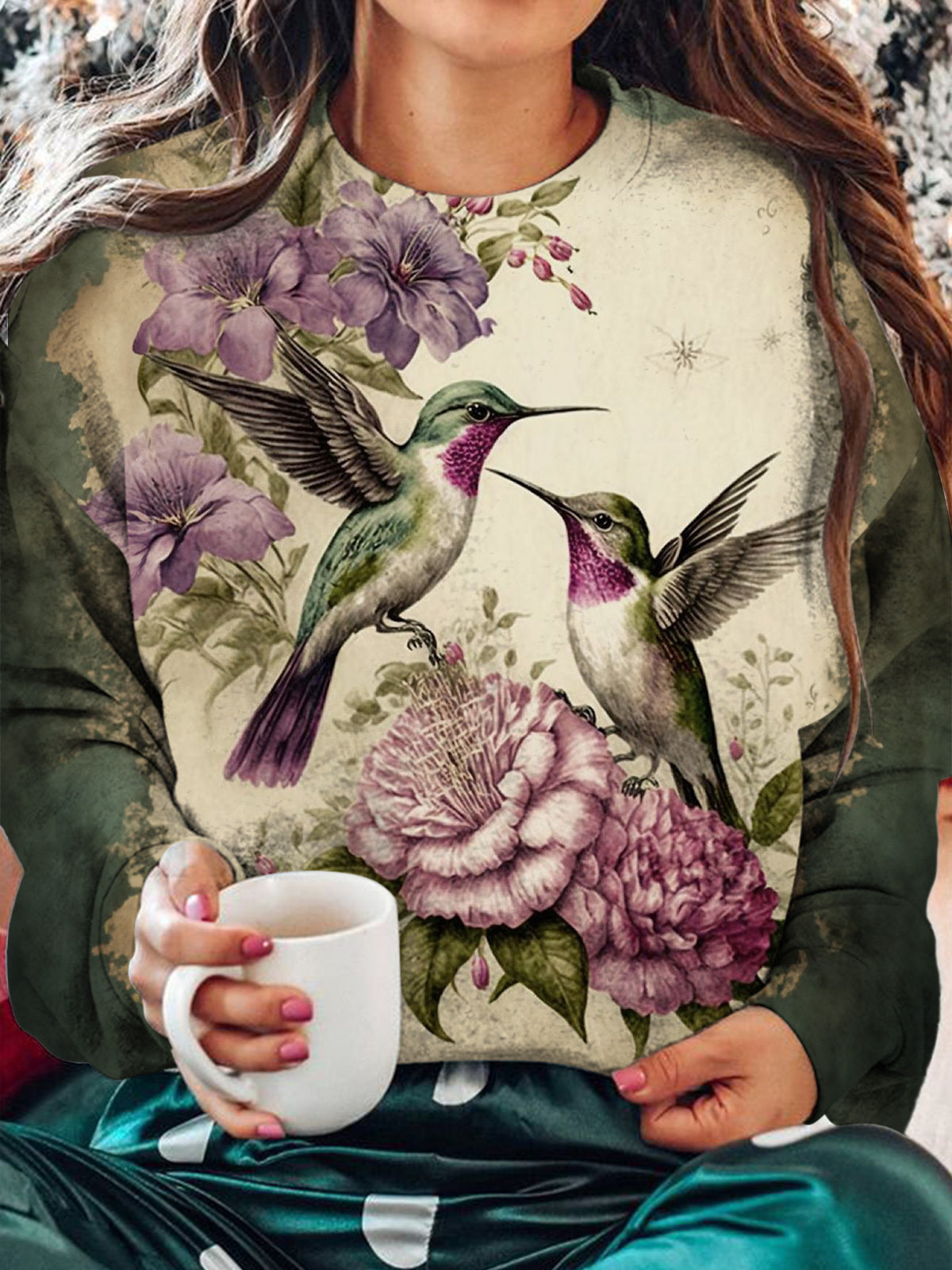 Purple Flower Hummingbirds Long Sleeve Top