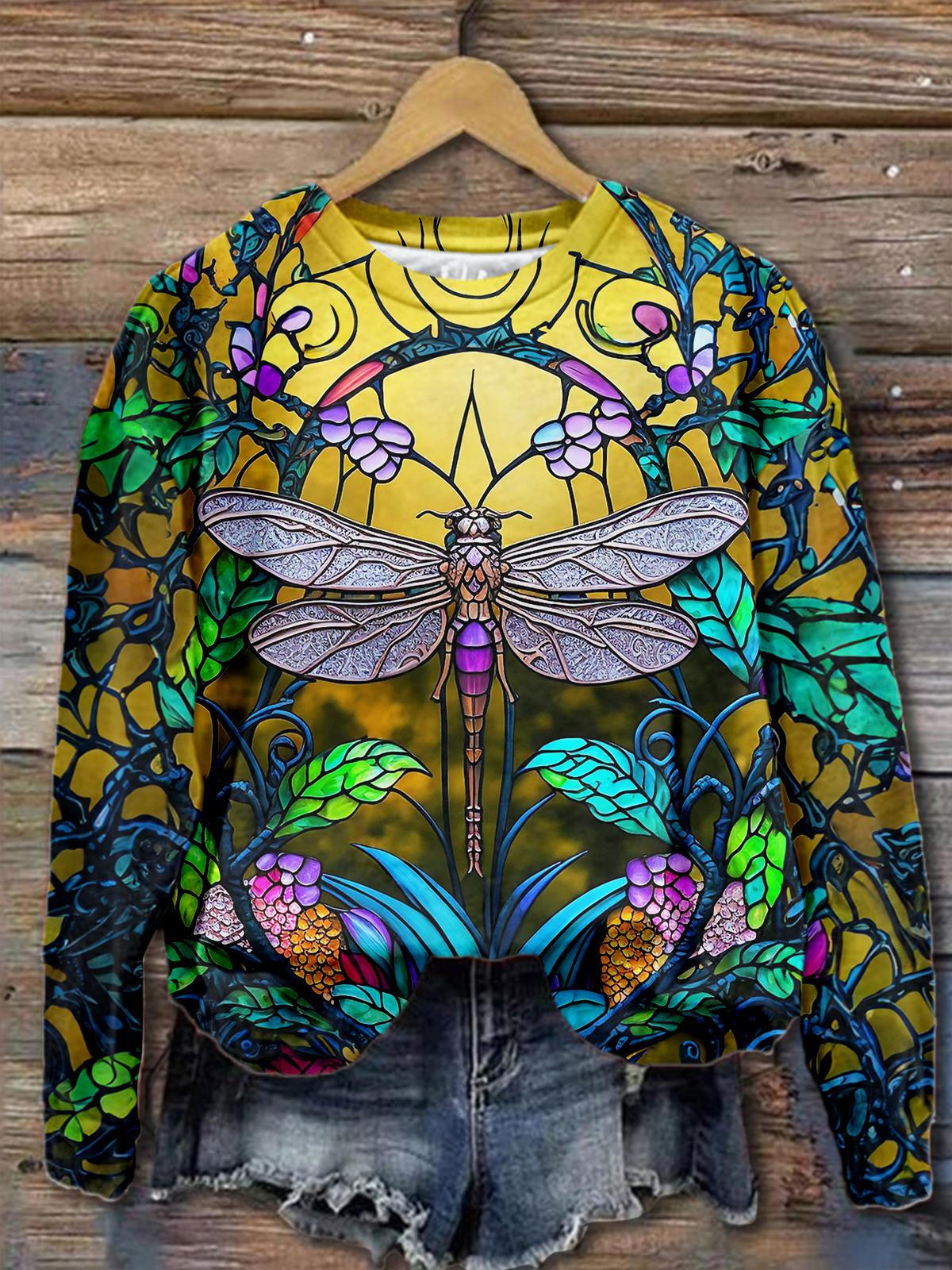 Stained Glass Dragonfly Art Long Sleeve Top