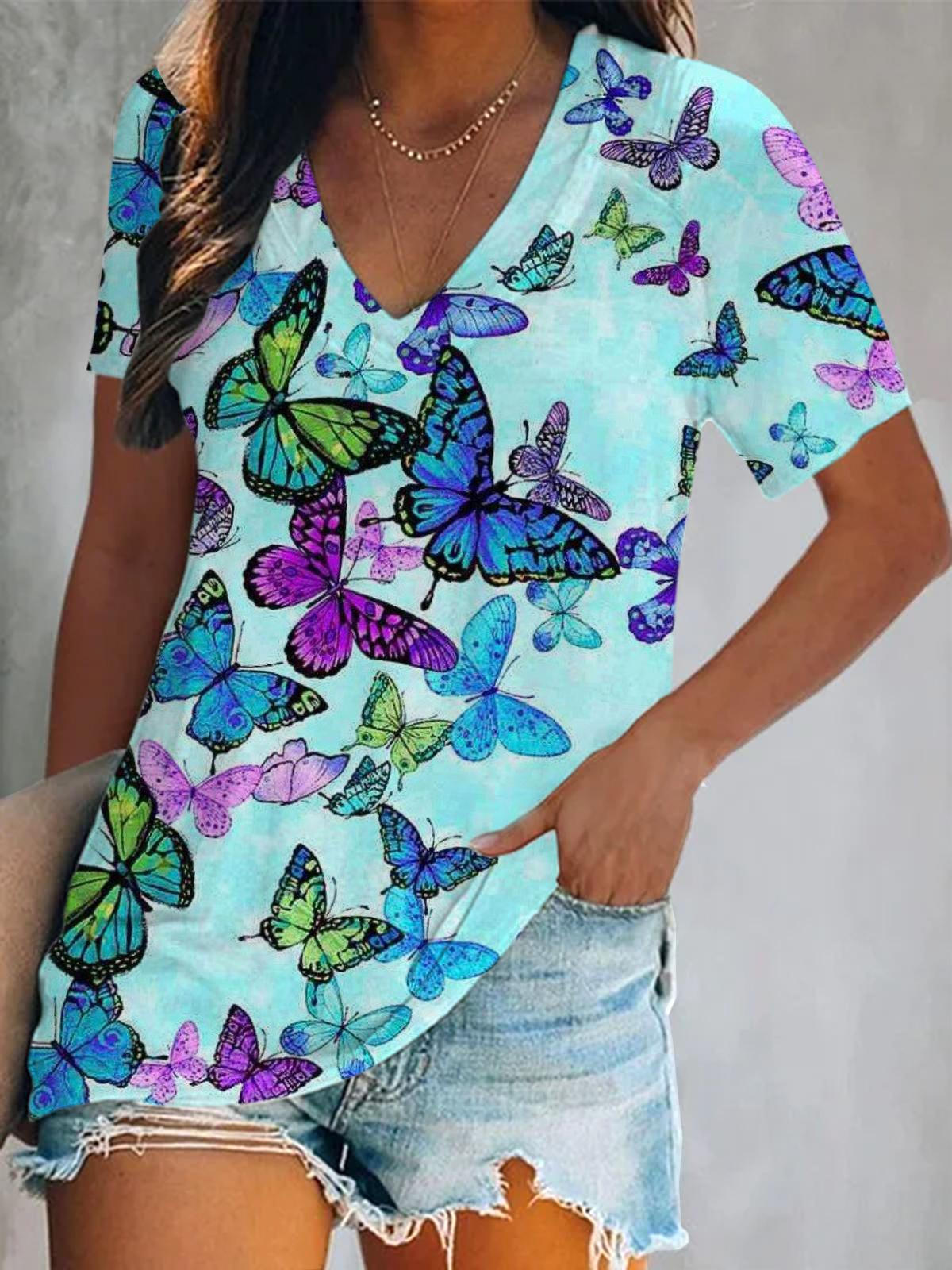 Butterfly Print Short Sleeve V Neck Print Top