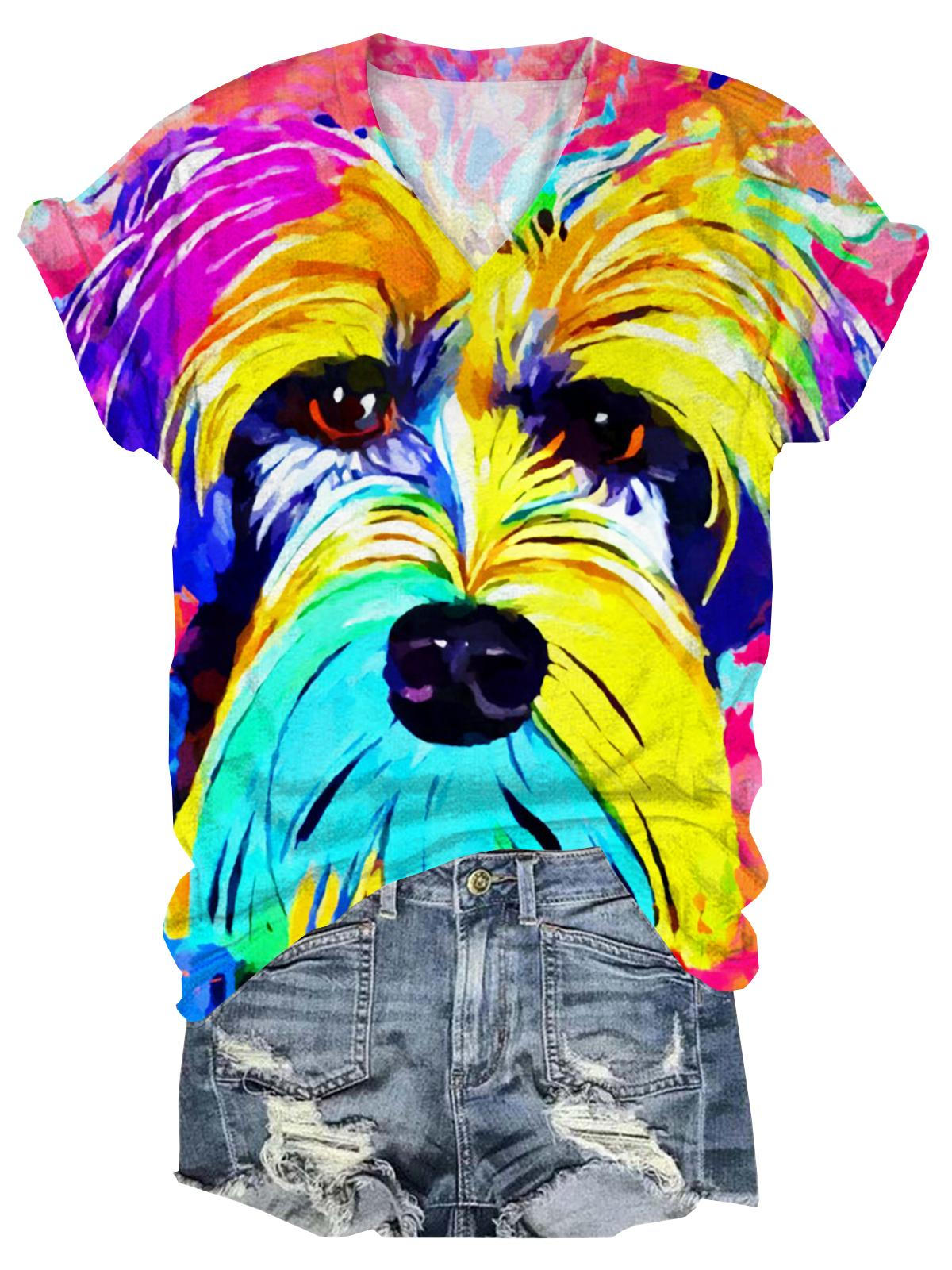 Dopamine Schnauzer Dog V-Neck Short Sleeve T-Shirt