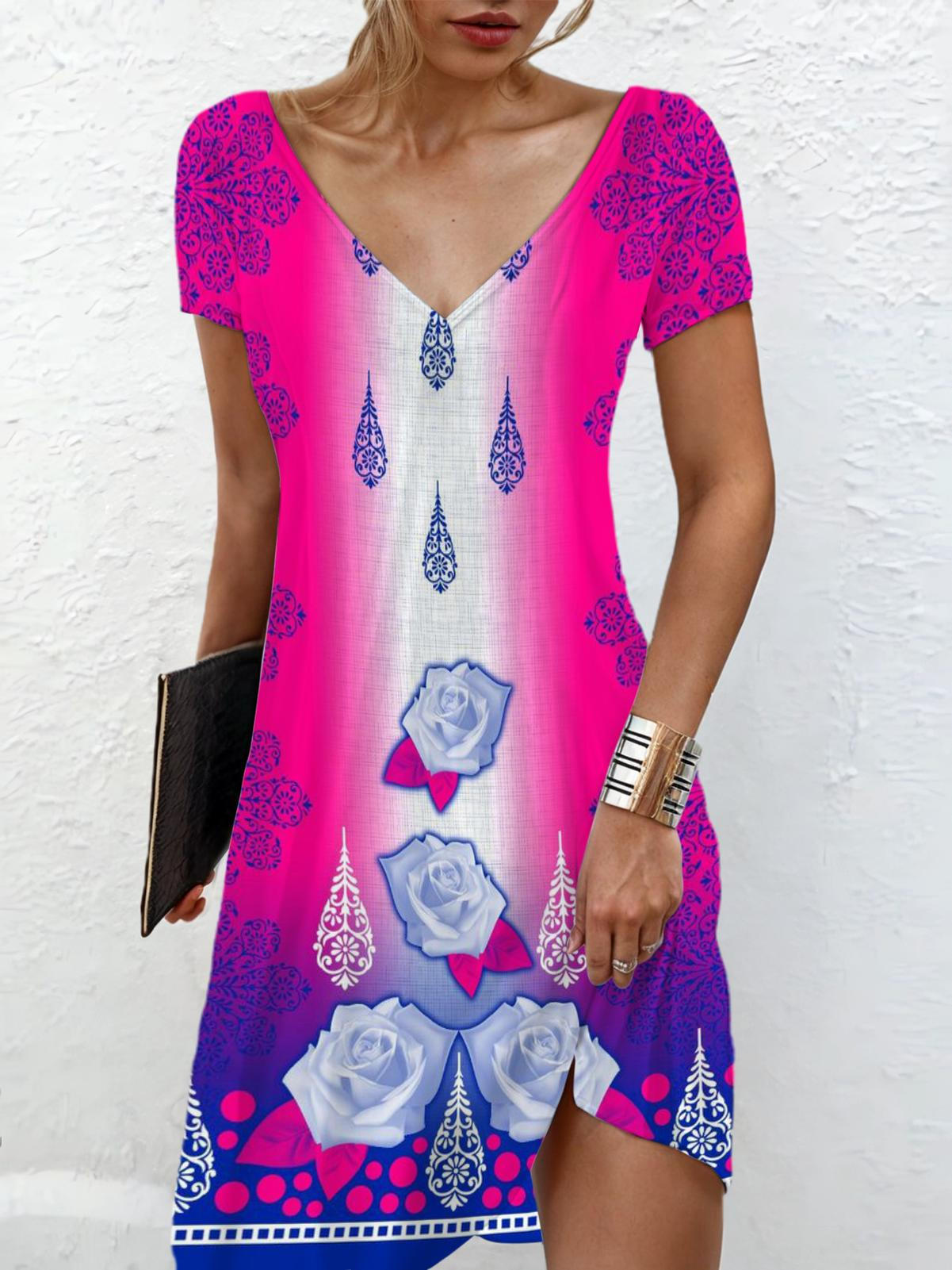 Floral Ethnic Print V-neck Short Sleeves Dress