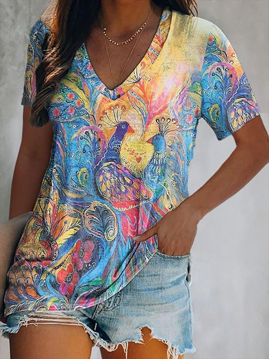 Peacock Short Sleeve V Neck Print Top