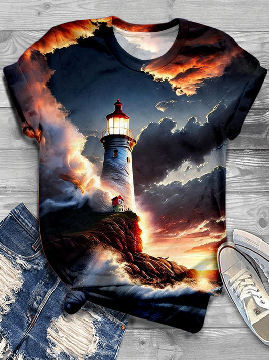 Tsunami Lighthouse Print Round Neck Short Sleeve T-Shirt