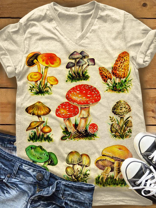 Women's Retro Mushroom Print V-Neck Top