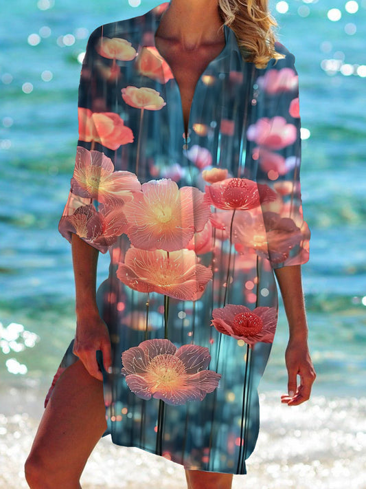 Flower Long Sleeve Beach Shirt Dress