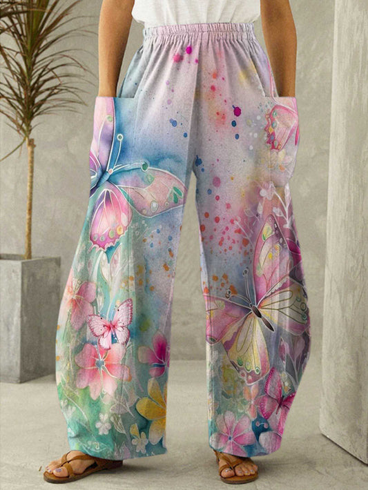 Watercolor Butterfly Print Casual Pants