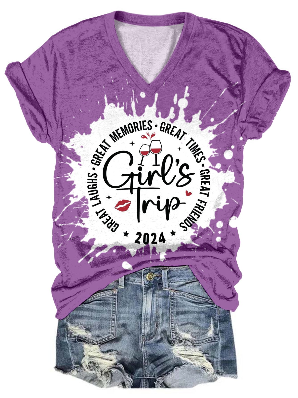 Girl's Trip 2024 Great Memories V-Neck Tie Dye T-Shirt